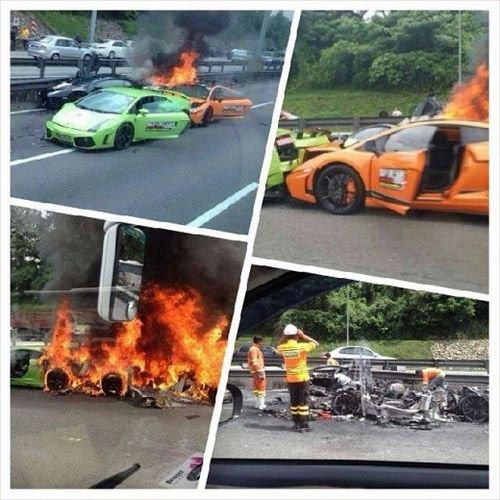 三輛蘭博基尼撞車報廢 千萬瞬間化為泡影